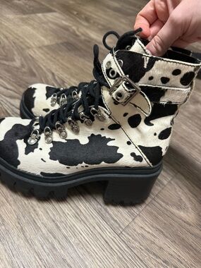 Jeffrey Campbell Cow Print Lace-Up Platform Boot - Black & White